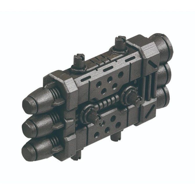  Dark gray toy missile launcher with three barrels and detailed mechanical components.