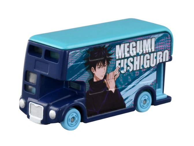 Megumi Fushiguro double-decker toy bus with character art and light blue accents.