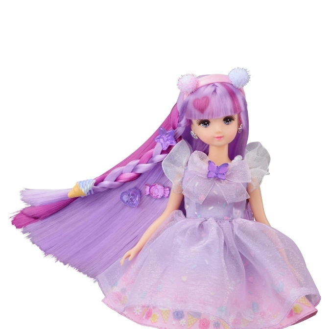  Purple-haired doll in a lavender dress with ice cream cone print.