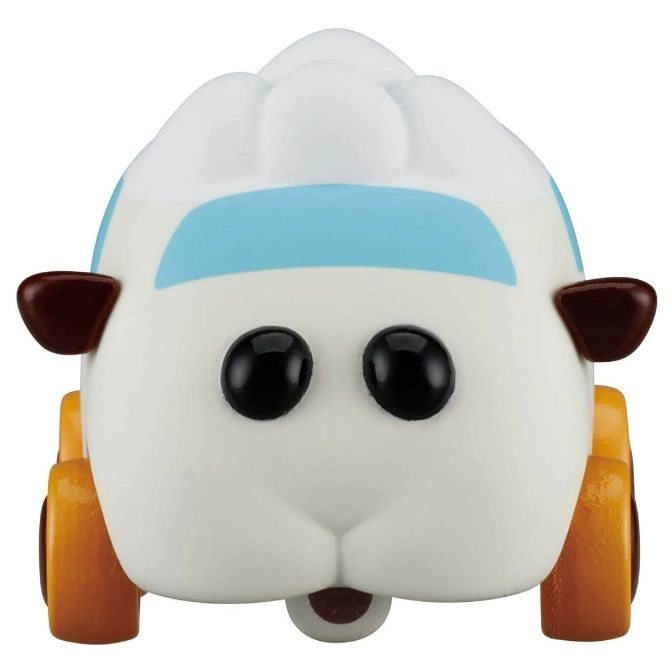  White guinea pig car toy with blue stripe and brown ears.
