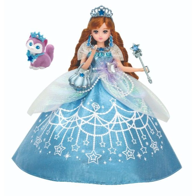 Princess doll with blue gown, crown, wand, purse, and squirrel figure.