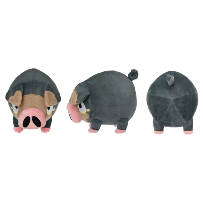  Teppig plush toy shown from front, side, and back views. Gray body, pink snout and feet.