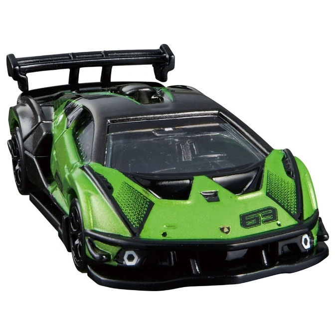  Green and black toy Lamborghini with rear spoiler and number 63 on the hood.