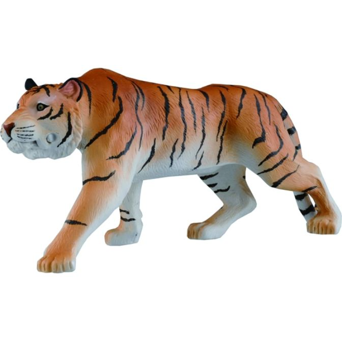Toy tiger with orange and black stripes in a walking pose.
