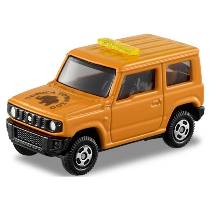  Orange Tomica Town Zoo Suzuki Jimny toy car with black grill and wheels, and a yellow light bar on the roof.