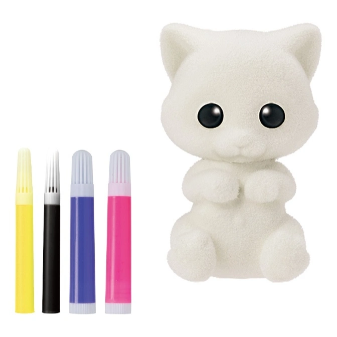  White plush cat toy with markers. DIY craft kit for kids.