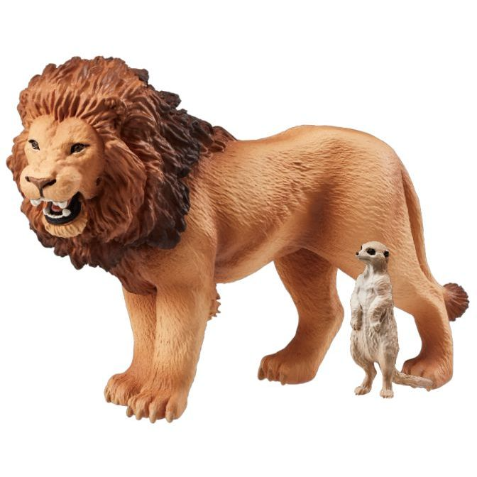 Toy lion with a meerkat standing beside it.