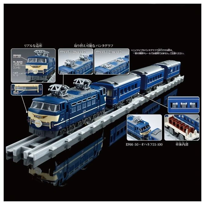 Blue toy train set with locomotive, passenger cars, and track. Features include interchangeable pantographs and interior details.