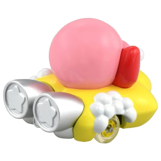  Kirby toy car with pink body, yellow base, silver boosters, and clear wheels.