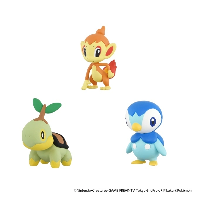  Three Pokémon figures: Chimchar, Turtwig, and Piplup, standing on a white surface.