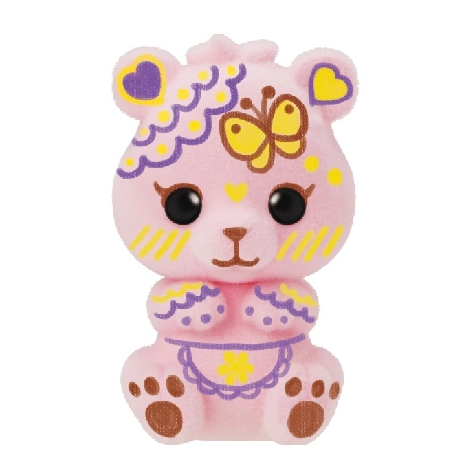  Pink plush bear toy with butterfly, hearts, and flower designs.