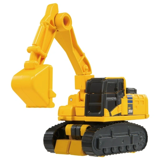  Yellow toy excavator with black treads and 'PC 200' label.