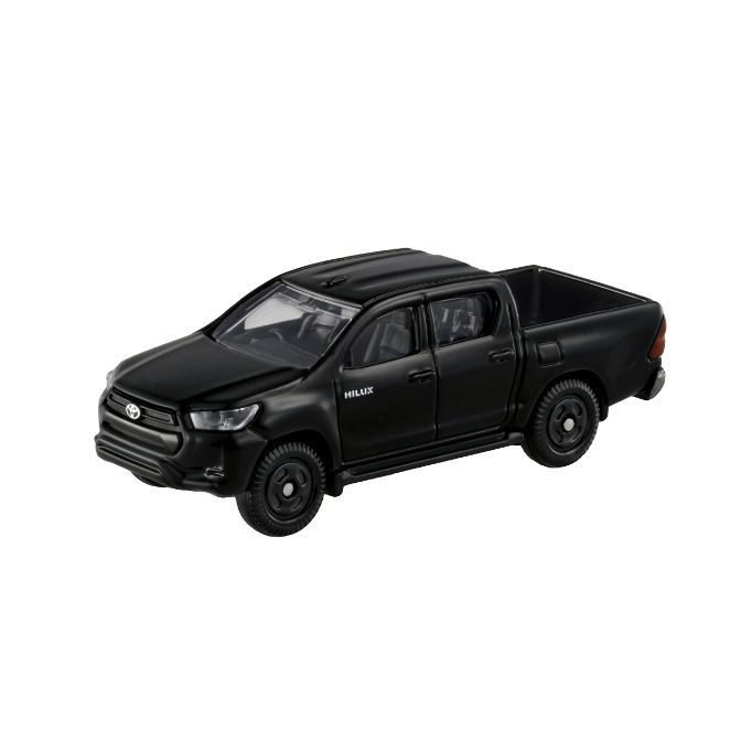 Black toy Toyota Hilux pickup truck with four doors and a truck bed.
