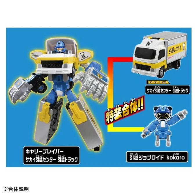 Transforming Sakai moving truck toy: robot, truck, and panda-themed components.