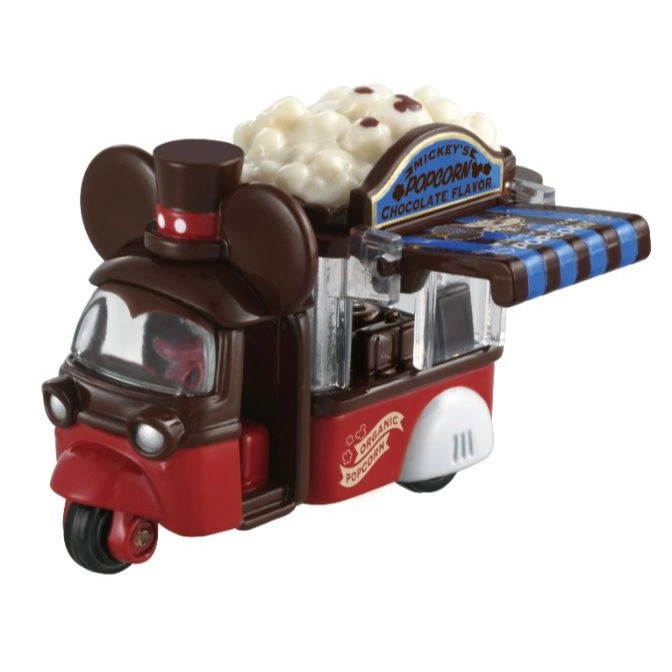  Mickey Mouse popcorn cart toy with chocolate flavor sign and striped awning.