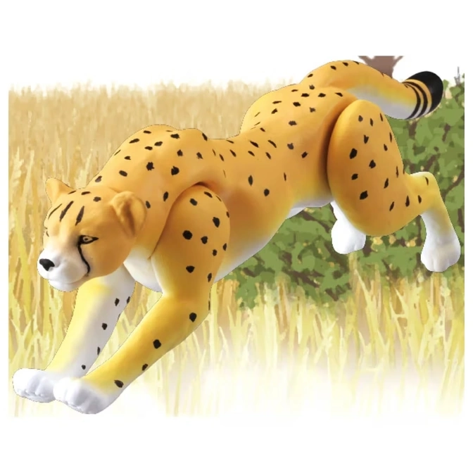  Stuffed cheetah toy in a leaping pose, featuring black spots and a striped tail.