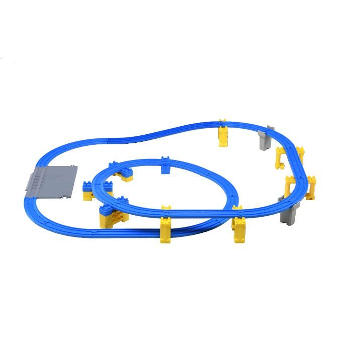  A blue plastic toy train track set with yellow and gray supports.