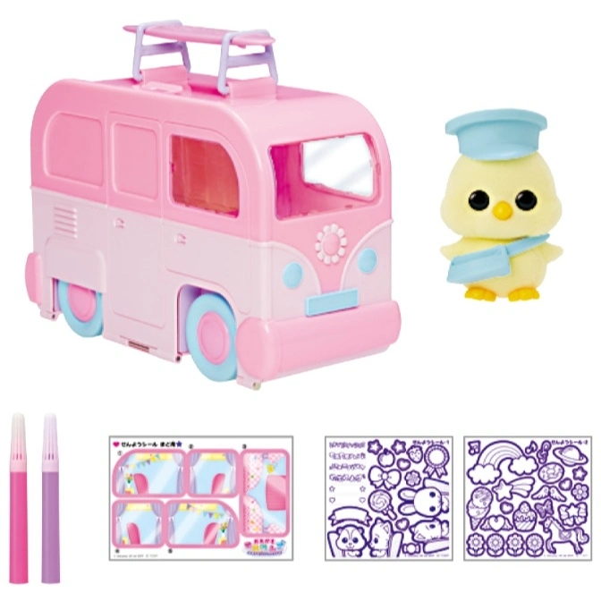  Pink toy camper van with a chick figure, markers, and sticker sheets for customization.