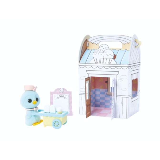  Toy bird with ice cream cart next to a play ice cream shop.