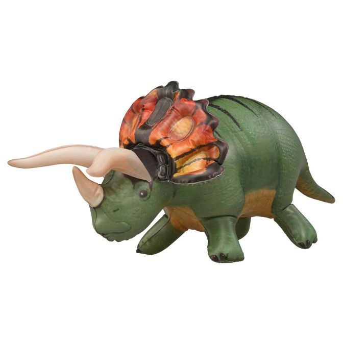Green Triceratops plush toy with orange frill and cream-colored horns.