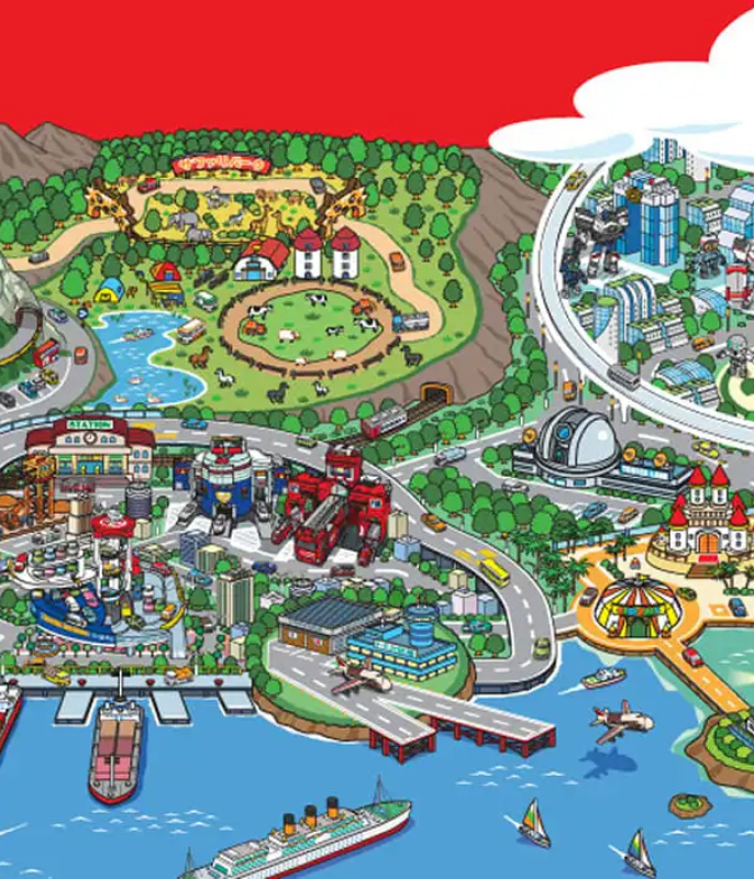 Illustrated Tomica town map with attractions and harbour.