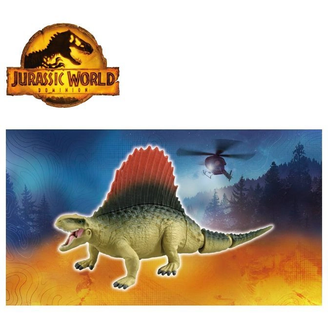  Dimetrodon toy with a red sail on its back, Jurassic World logo, and a helicopter in the background.