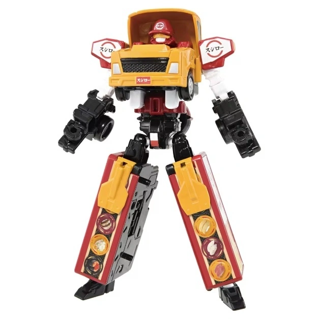  Sushi truck transformer toy robot with food images on legs and Japanese text on shoulders.