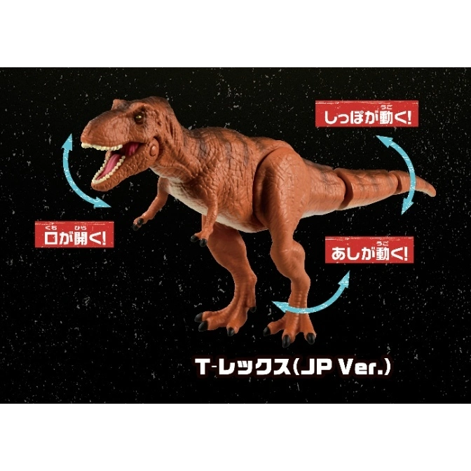  Brown T-Rex toy with moving mouth, tail, and legs, as indicated by arrows and Japanese text.