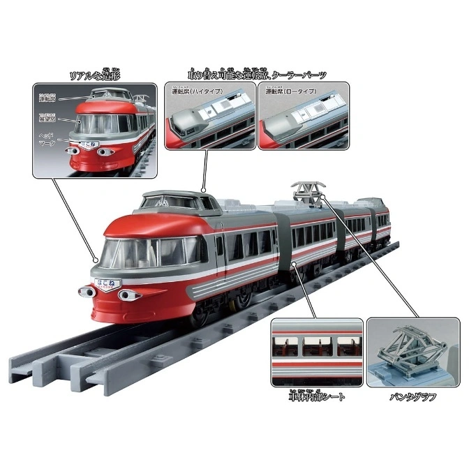 Red and gray toy train on a gray track, with detail callouts for features.