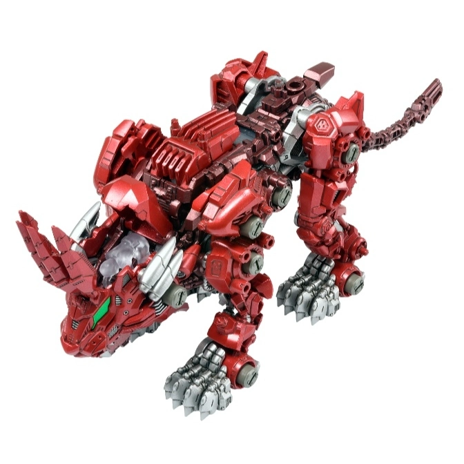  Red robotic rhino toy with silver claws and horns, posed standing.