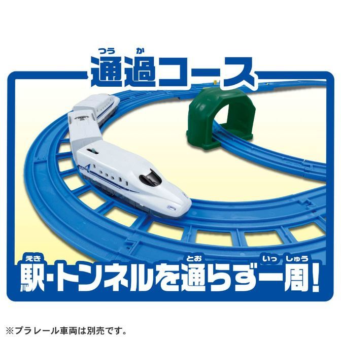  A toy train set with a white bullet train on a blue track, featuring a green tunnel. The packaging includes Japanese text.