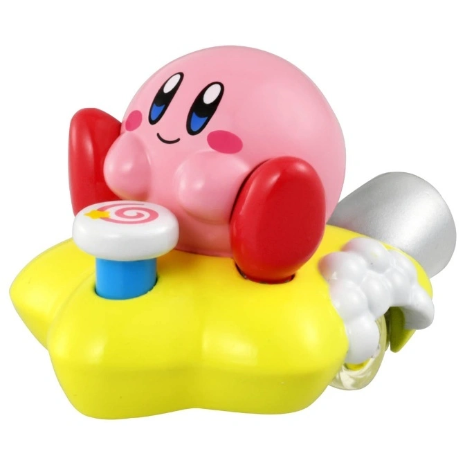 Kirby on a star with a lollipop button. A cute, colorful toy.
