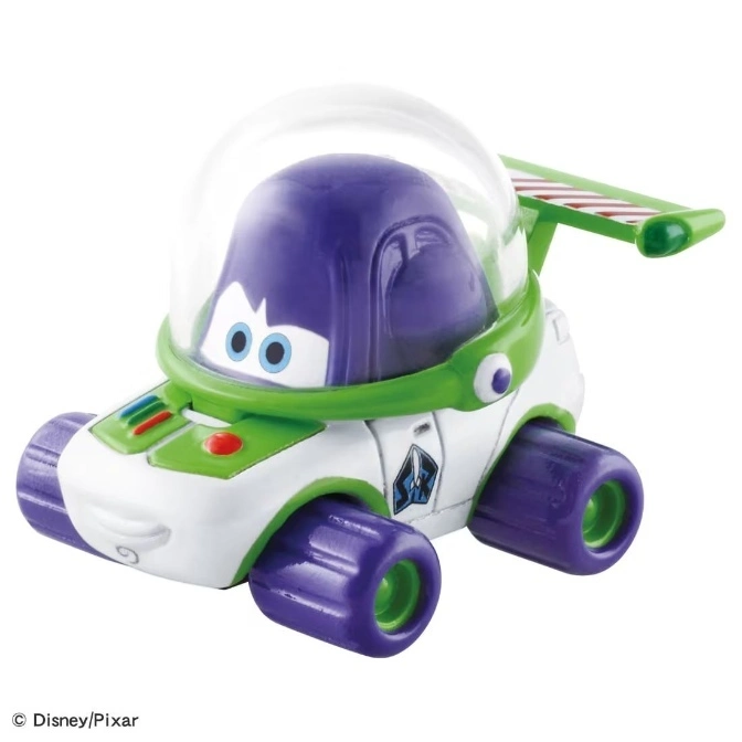 Buzz Lightyear toy car with purple wheels and a clear dome.