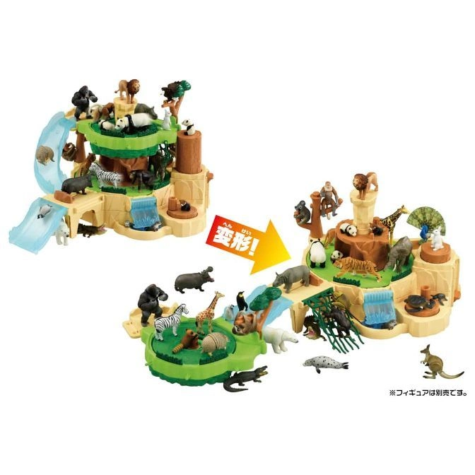  Transforming animal playset with jungle and savanna animals on tiered platforms with waterfalls and slides.
