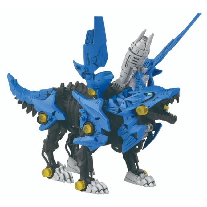  Blue Zoid wolf toy with silver weapons, yellow details, and black frame.