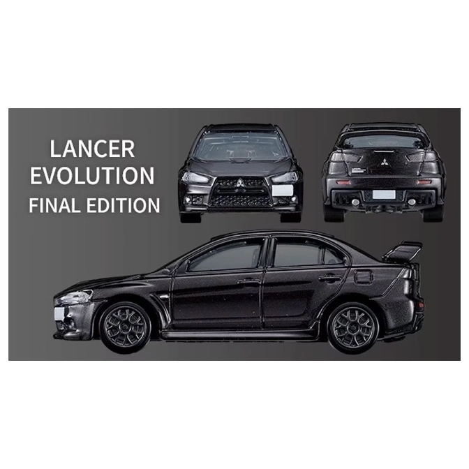  Black Lancer Evolution Final Edition toy car, showcasing front, side, and rear views.