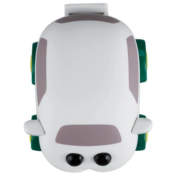  White toy train with green wheels and gray accents, viewed from above.