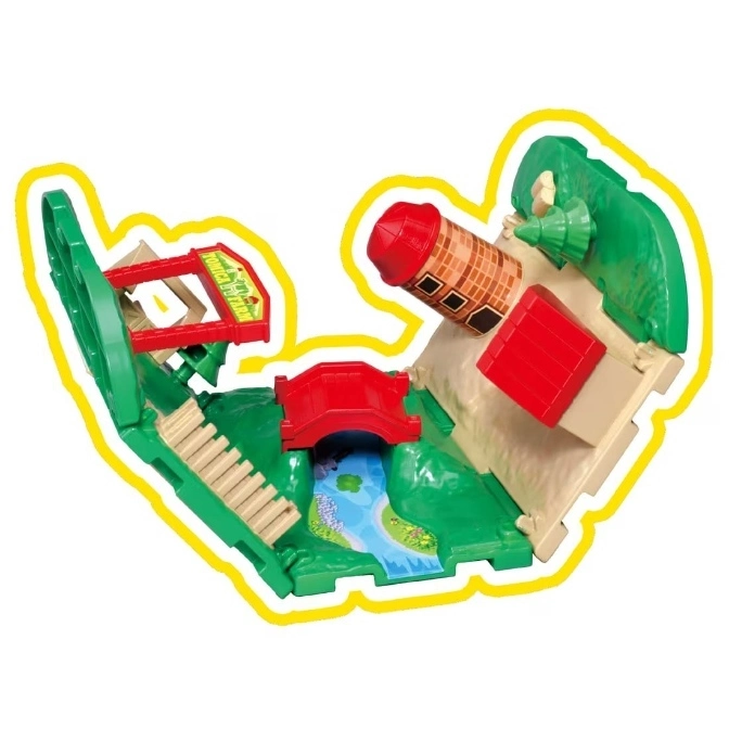  Foldable toy farm with a red bridge, silo, and green landscape.