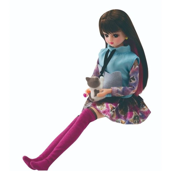  Doll with brown hair, blue vest, patterned skirt, and purple socks, holding a cat toy and a grey book.