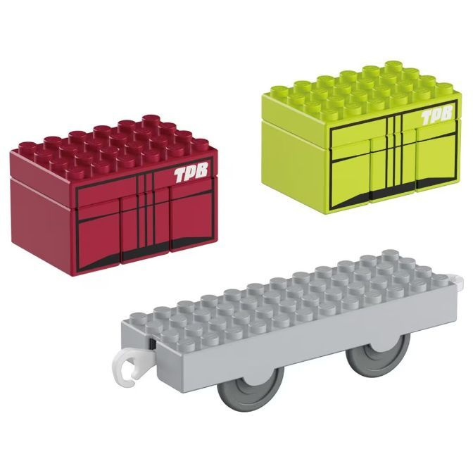  Toy train cars: red, green, and gray flatbed with wheels. Building block style.