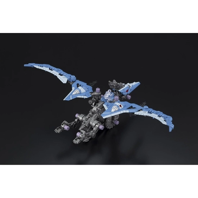  Blue and grey Pteranodon-shaped transforming robot toy with wings extended.