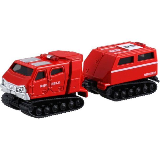 Red toy fire engine with tracks and trailer. Japanese text on the sides.