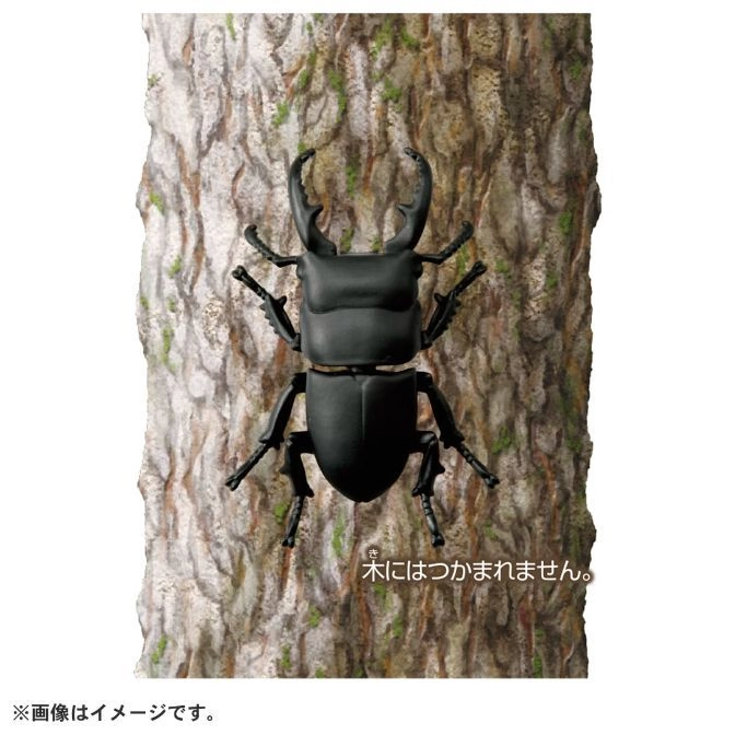  Black stag beetle toy on tree bark. The toy cannot grip the tree.