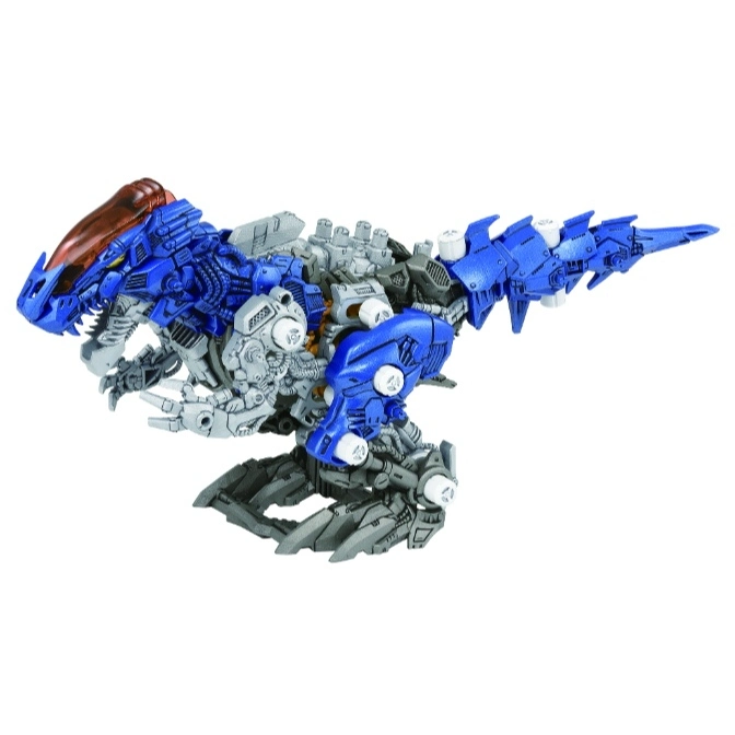  Blue and grey dinosaur robot toy with cockpit.