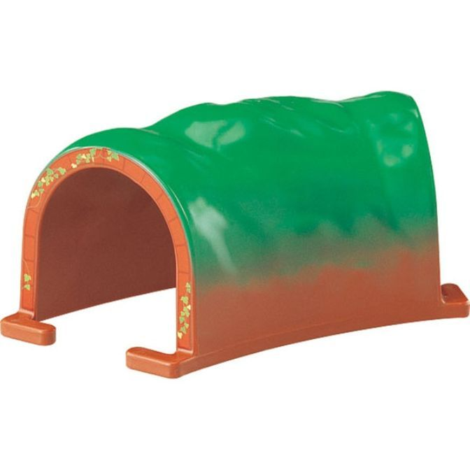 A green and brown toy tunnel.