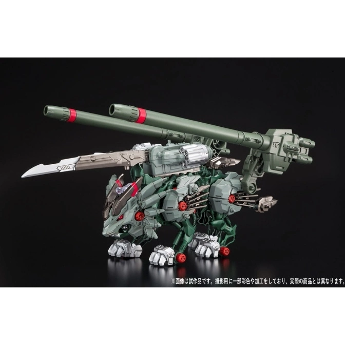  Green Zoid wolf toy with missile launchers and blade, standing on a black surface.