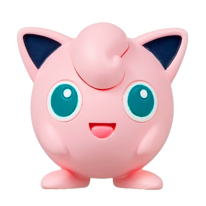 Pink Jigglypuff toy with blue eyes and ears, smiling.