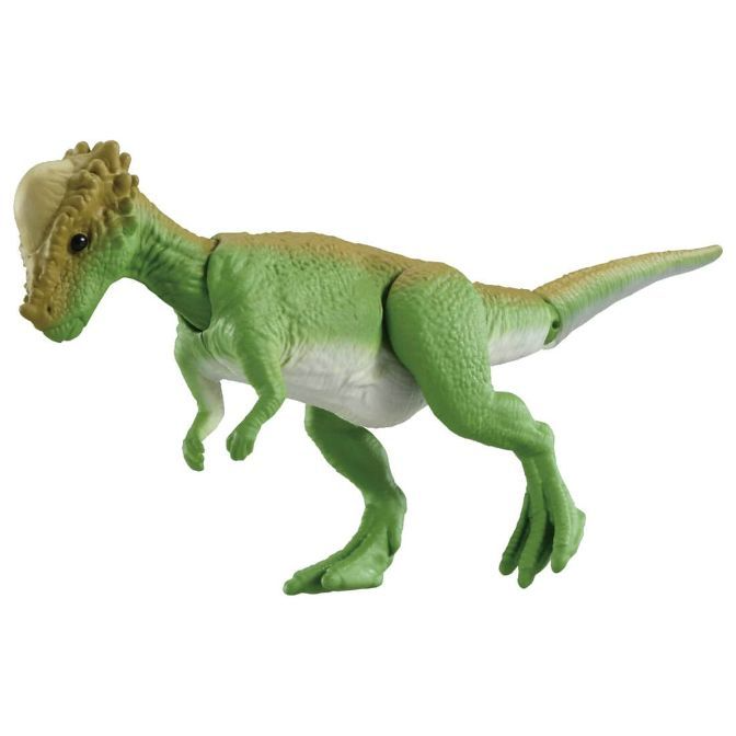 Green Pachycephalosaurus toy with articulated limbs and a domed head.