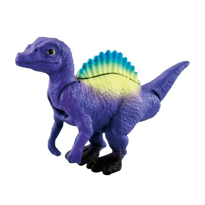  Purple dinosaur toy with yellow and green dorsal fin.