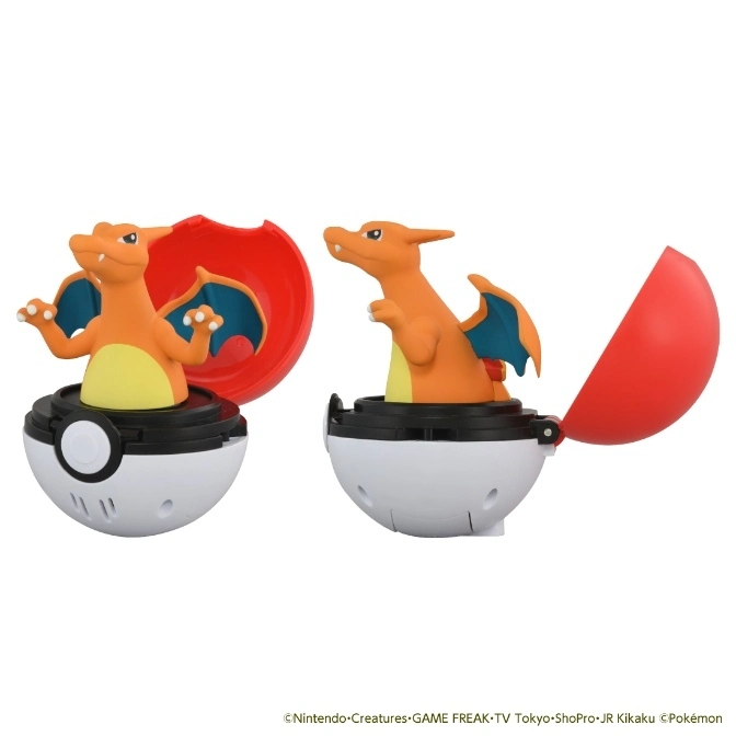  Two Charizard figures popping out of open Poké Balls. One ball is red and white.